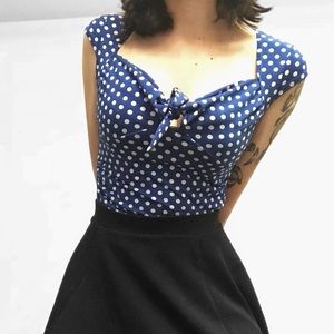 blue and white polka dot vintage-style shirt